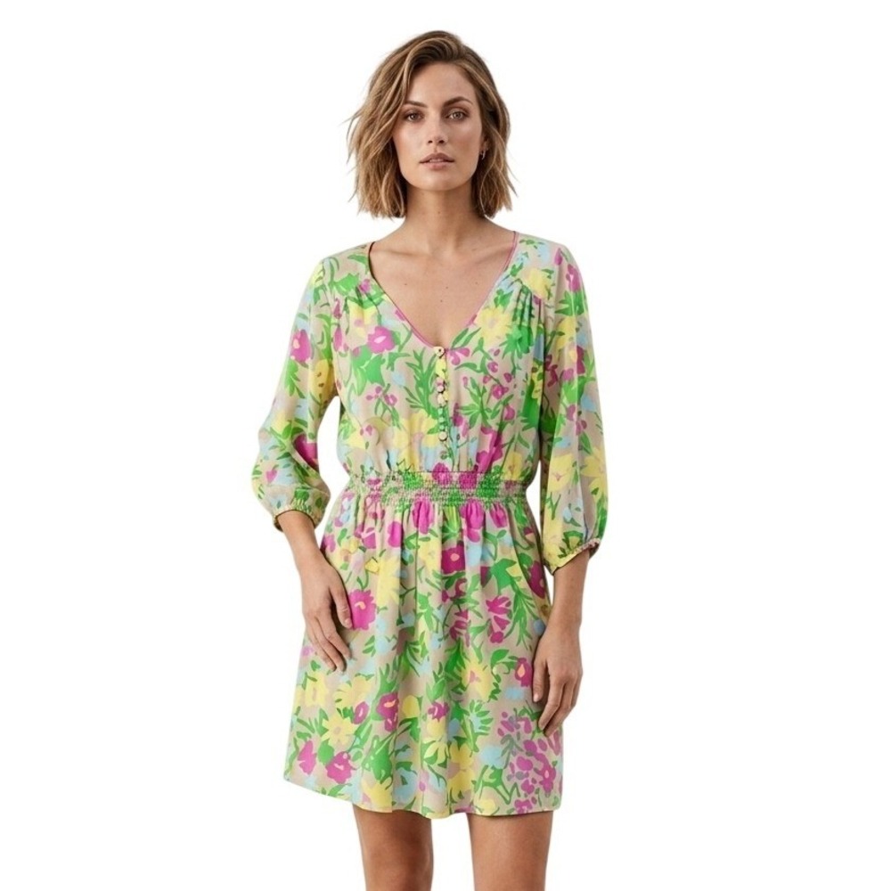 TORI RICHARD Silk Floral Dress Size 4 6 Smocked Waist Boho Resort Wear $325